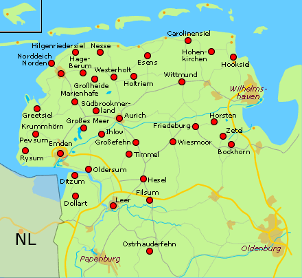 Ostfrieslandkarte mit Lage der Ferienhäuser - bitte Orte anklicken