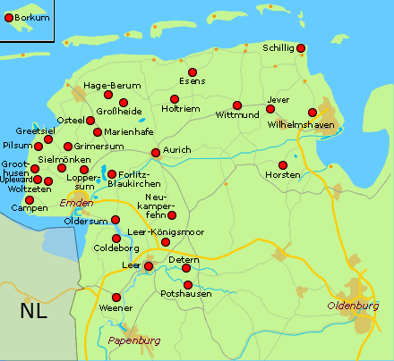 Ostfrieslandkarte mit Lage der historischen Huser - bitte Orte anklicken
