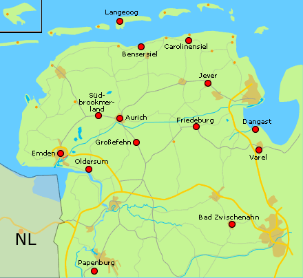 Ostfrieslandkarte mit Lage der Hotels - bitte Orte anklicken