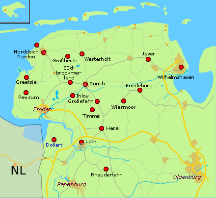 Ostfrieslandkarte mit Lage der Zimmer / Privatzimmer - bitte Orte anklicken